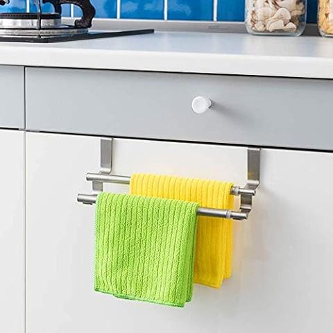 Over Kitchen Cabinet Door Towel Rail Hanger Holder Storage, Towel Bar Bathroom Towel Shelf Stainless Steel Double Pole Bath Towel Rack Towel Hanging Rod No Drilling(Sliver) Cover