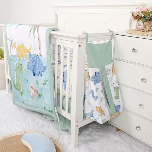 Image of TANOFAR 4-Piece Crib Bedding Set for Baby Boys, Blue Dinosaur Nursery Bedding Set Includes Comforter, Fitted Crib Sheet, Crib Skirt, and Diaper Stacker, Dinosaur