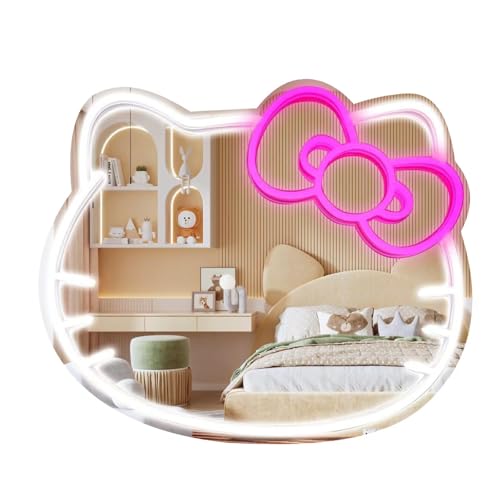 MCJSGSP Anime Hello Kit Mirror with Light Neon Signs for Wall Decor, Teen Girl Gift，Makeup Mirror neon Sign Room Decor (9.4 * 11.9 inch)