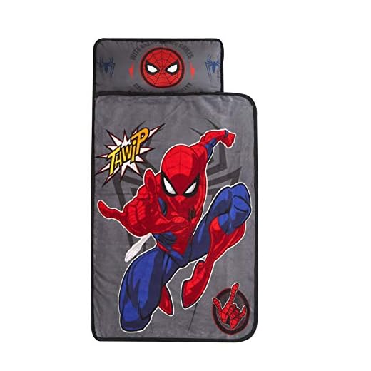Marvel Spiderman Toddler Quilted Nap Mat with Built-in Pillow, Super Soft Kids Sleep Mat for Daycare & Travel, 26” x 46”, Multicolor