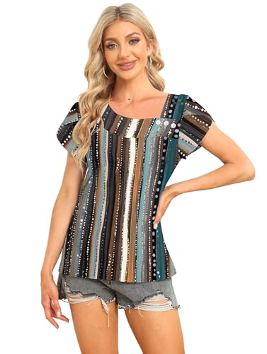 Image of Womens Petal Sleeve Tops Summer Trendy T Shirt Casual Loose Square Neck Button Blouse Tees