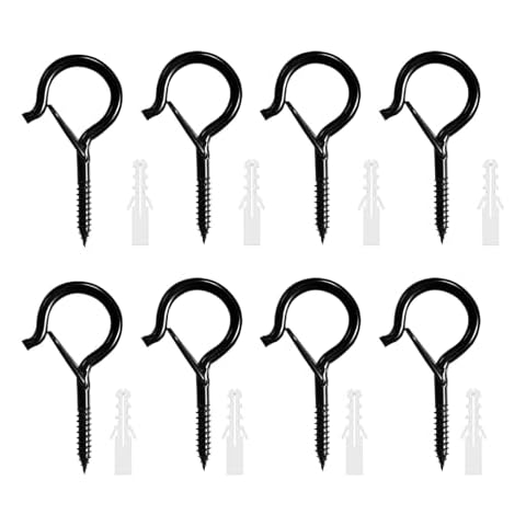 TIANFU 8 PCS Windproof Screw Hooks with Safety Buckle, 2.2 Inches Heavy Duty Eye Hooks, Hanging Ceiling Hook for Outdoor String Lights, Plants Hanger, Garden, Wood, Wall, Fance, Patio. Black. Cover