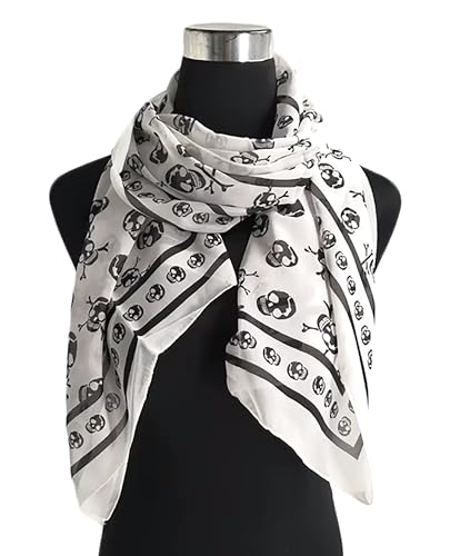 Mazeology Skull Scarf Soft Silky Poly Chiffon 59” Long Scarf Gothic Pirate Black/White 19” Wide Stripe Border for Women/Men Trendy Punk Accessory3