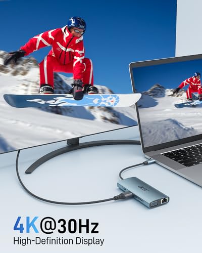 Image of Acer USB C Hub with 4k HDMI, 9-in-1 USB C to Ethernet Adapter, 5Gbps USBA 3.0 Docking Station, VGA Splitter, SD Card Reader, PD 100W Charging for MacBook, Acer, Laptops, Surface and More