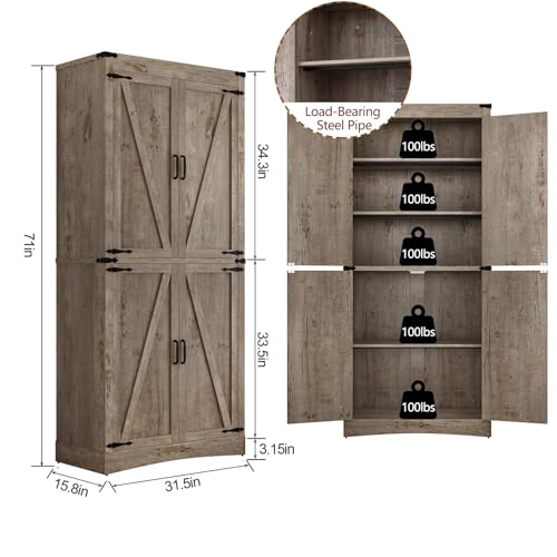 71" Tall Farmhouse Cabinet with Adjustable Shelves & 4 Barn Doors(Light Rustic Oak)