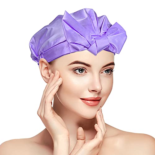 QWDLID Shower Cap, 3-Layers Bow-knot Shower Cap for Women, Adjustable & Reusable Silk Satin Lined Waterproof Shower Hair Bath Cap