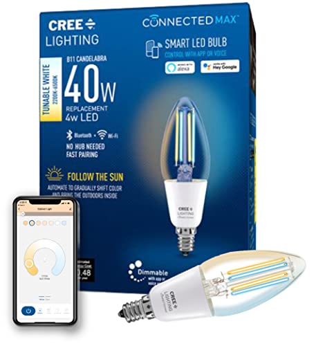 Cree Lighting CMB11-40W-AL-9TW-GL Cree Connected Max Smart Led Vintage Glass Filament Bulb B11 Candelabra 40W Tunable White cover