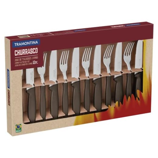 kit de Talheres para churrasco Jumbo Tramontina 12 peças Conjunto de Churrasco natural cabo preto jogo de talheres, Plenus
