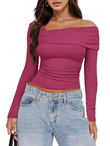 Women's Casual Long Sleeve Boat Neck Off Shoulder Slim fit Crop t...