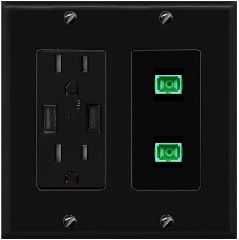 RiteAV 2 Port Fiber Optic Coupler Jack SC Simplex Singlemode APC Wall Plate - USB Charger Outlet [Red/White]