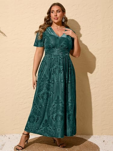 Image of Simplee Women's V Neck Velvet Maxi Dress Short Sleeve Empire Waist Long Formal Dress for Wedding Guest
