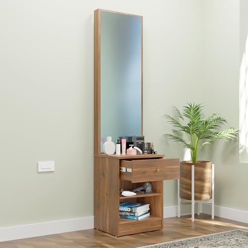 Image of VIKI | Engineered Wood Dressing Table with 1 Drawer, Mirror and Huge Storage Space | Vanity for Living Room, Bedroom (Brussel Walnut - 43.8W x 40D x 182.6H cms)