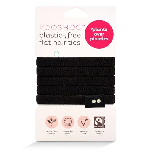KOOSHOO Plastic-Free Flat Hair Accessories - Organic Cotton Ties for Thick Hair, Girls, Toddlers & Babies. No-Damage Plant-Based Ties. 5ct