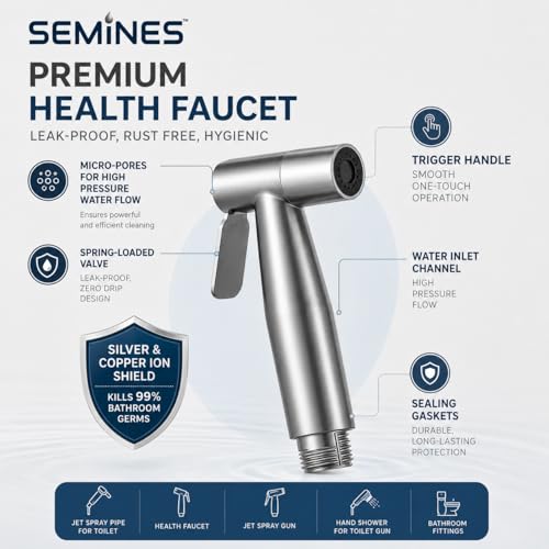 Image of Health Faucet Stainless Steel Jet Spray Gun for Toilet | Silver & Copper Ion Shield Kills 99% Germs | Leak-Proof Bathroom 2 Year Warranty (Jet Spray Gun Only) A1