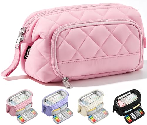 Image of Zannaki Soft Quilted Large Pencil Pouch Organizer with Wide Opening for Boys Girls Teens - Extra Big Capacity Pen Pencil Bag with Zipper, Portable Pencil Case Box for School, College, Cosmetic Gift