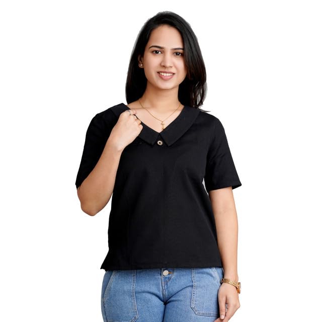 Image of Cotton Linen Regular Fit Half Sleeve Black Casual Wear Top Stylish for Women with Collar and Button Stylization