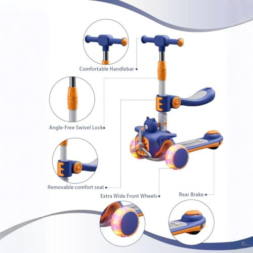 Image of 2-in-1 Modernistic Kick Scooter for 3-10 Years Old Kids | 3-Level Height Adjustable Handlebar | Music & PU LED Flashing Wheels | Foldable and Lightweight (KS-213 Blue /Orange)