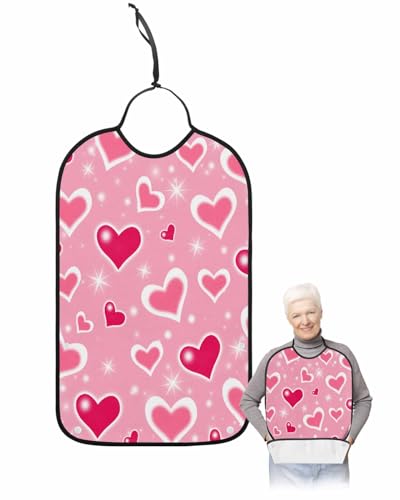 LEOKOTI Red Pink Valentines Adult Bibs for Eating, Waterproof Bibs with Food Catcher & Adjustable Snap Closure, Love Heart Pink Washable Clothing Protectors Adult Bibs for Elderly Women/Men