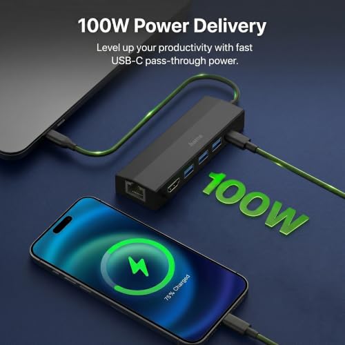 Image of HAMA 6-in-1 USB-C Hub /Docking Station with 4K 30Hz HDMI, Gigabit Ethernet, 3 x USB 3.2 Gen 1 Ports, 100W PD Charging, USB-C Multiport Adapter for Laptop, MacBook, PC & Tablet - 5 Year Warranty