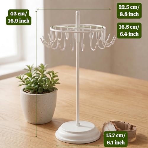 Image of ecofynd Metal Jewelry Organizer Stand with 20 Hooks, 360 Rotating 17-Inch Holder for Earrings, Necklaces, Bracelets & Rings, Space-Saving Display for Vanity, Dressing Table & Home (White, JS012)