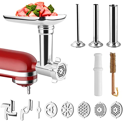 HOMGEN Accessoire pour Hachoir à Viande et Saucisses,Hachoir Accessoire pour KitchenAid,Kit de Hachoir à Viande avec 5 Plaques de Broyage/3 Tubes à Farcir/Poussoir Alimentaire/Brosse de Nettoyage