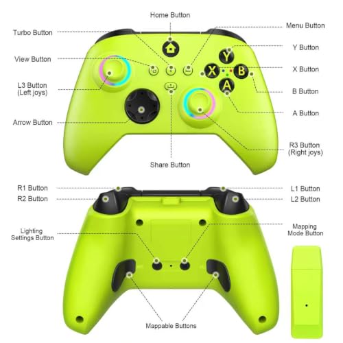 Image of W&O Wireless Controller for With Xbox One, Xbox Series X /S, Xbox One X /S, PC, With RGB LED Light, Mappable Buttons, With 2.4GHZ Wireless Adapter Gamepad (Electric Volt)
