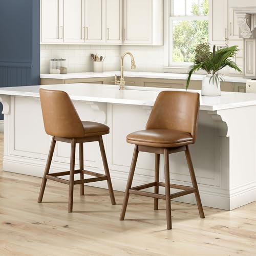 Image of ROME + OAK Set of 2 Rowan 26 Inch Swivel Counter Height Stool in Walnut Finish with Brown Vegan Leather Upholstery Seat - Kitchen or Dining Room Furniture