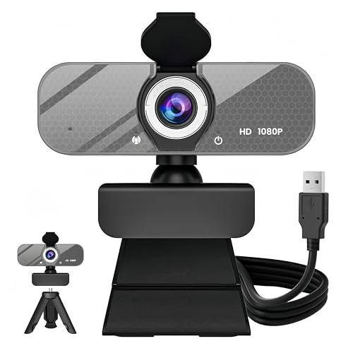 GOZVRPU Cámara web HD de 1080P con micrófono integrado, trípode giratorio, lente gran angular, cubierta de privacidad, corrección automática de luz, cámara web USB-A Plug & Play para laptop