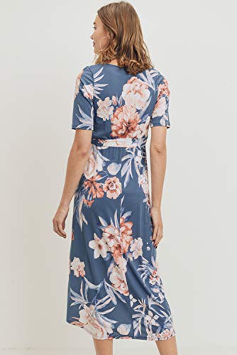 Women's Maternity Wrap Dress Midi Length With Waist Belt (Denim Blue Flower, L) #TOP4