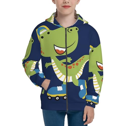 Dino Playing Roller Skate Kids Pullover Hoodies Boys Zip Up Sweatshirts Girls Athletic Clothes with Pocket3