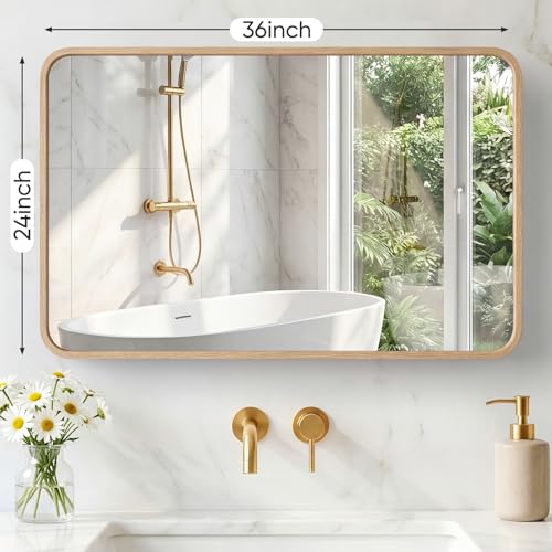 Image of Sweetcrispy Bathroom Mirror 36x24 Inch Metal Framed Rounded Rectangle Vanity Mirror for Wall, Over Sink, Farmhouse, Restroom, Anti-Rust, Modern Decorative, Horizontal or Vertical Hanging, Wood