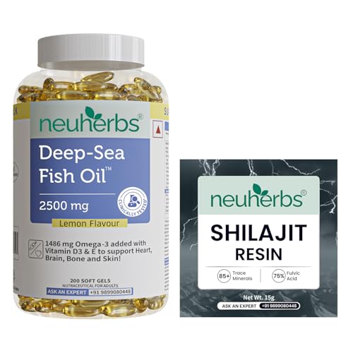Image of Neuherbs Omega 3 Fish Oil Capsules- 200 Softgels & Shilajit Resin-15 grams Combo for Men & Women |892 Mg EPA and 594 Mg DHA |Omega-3 & Shilajit pack for Muscle, Strength & Stamina.