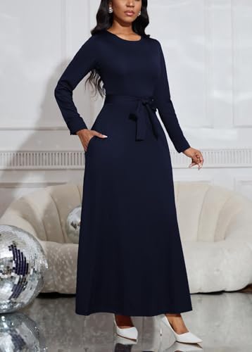 Image of BubFee Long Dress for Women Casual Long Sleeve Dresses Maxi Dress Empire Waist Loose with Belt