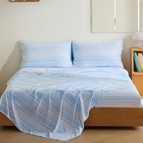 Image of MCO 4Pieces Striped Sheets Set, Breathable King Sheet Set with 16 inch Deep Pocket,Modern & Luxury, Brushed Microfiber Bedding Set(King, Blue)