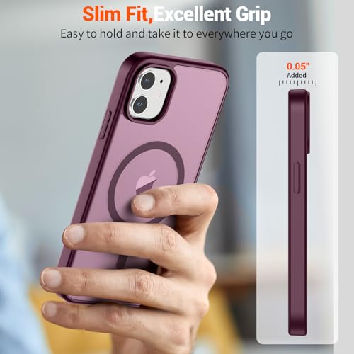Image of SUPFINE Magnetic for iPhone 12 Mini Case & iPhone 13 Mini Case with Screen Protector (Compatible with MagSafe) (Military Grade Drop Protection) Translucent Matte Shockproof Phone Cover,Wine Red