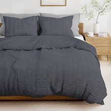 SANDJEST Dark Grey Duvet Cover Queen Size, Seersucker 3 Pieces Bedding Set, Includes 1 Duvet Cover 90x90 Inches and 2 Pillowcases 20x26 Inches