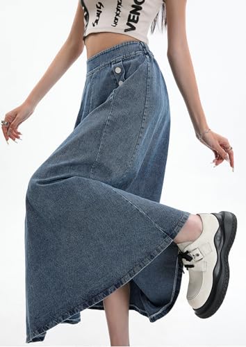 CHARTOU Women Pleated Denim Skirt Long Jean Skirt Flowy Elastic Waist Denim Maxi Ruffle Skirt Flare A Line Skirt3