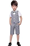 LOLANTA 4-teiliger Kinder Freizeit Anzug Set, Jungen Sommer Festlich Hochzeitsanzug, Kurzarm Hemd, Fliege, Weste, Kurze Hose, grau kariert, 150