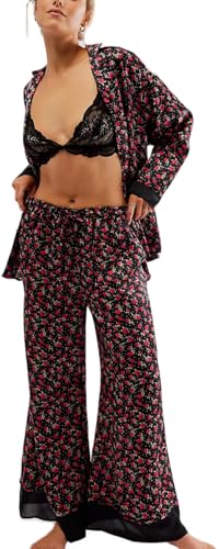 Image of LILTWIST Silk Satin Pajamas Set for Women 2 Piece Floral Pjs Wide Leg Lounge Pants Set Long Sleeve Button down Pj Shirts Set