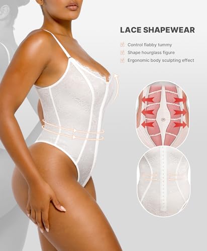 Image of SHAPELLX Lace Bodysuit for Women Tummy Control Shapewear Backless Body Suits One Piece Body Shaper Thongs