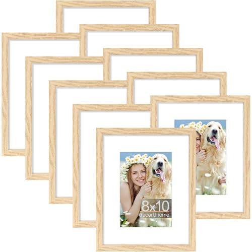 decorUhome 8x10 Picture Frame Set of 10, Display Photos 5x7 with Mat or 8x10 Unmatted for Picture Frames Collage Wall Decor, Natural