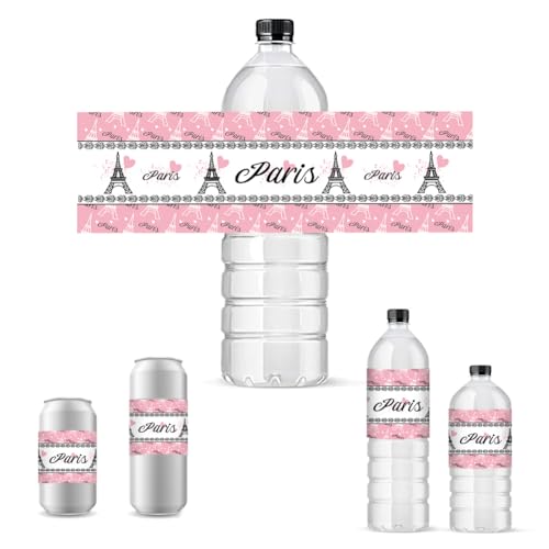 PH PandaHall 30pcs Water Bottle Labels, Paris Tower Bottles Stickers Decorative Pink Bottles Wrappers Waterproof Bottle Wraps for Birthday Party Favors Themed Event Water Labels Supplies
