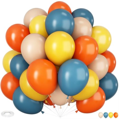 Image of HILAVO Retro Blue Yellow and Orange Balloons, 60PCS 12 Inch Slate Blue Burnt Orange Mustard Yellow Balloons for Here Comes the Son Baby Shower Kids Birthday Party Boho Party Decorations
