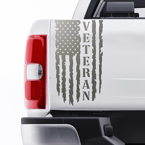 Image of GRITKULTURE Veteran Distressed American Flag Vinyl Decal for Trucks, Tailgate, Cars, Windows Compatible with Most Pickup Trucks EUA Flag - Rear Graphic USA, US Flag Car Sticker (Metallic Grey)