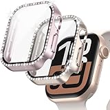 JZK 2-Pack Bling Case with Tempered Glass for Apple Watch Series 10 42mm Screen Protector,Women Glitter Diamond Rhinestone Bumper Crystal Cover for iWatch 10 42mm Accessories,Rose Gold+Starlight