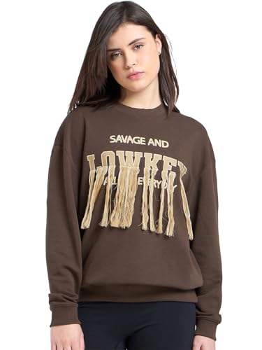 Image of Bewakoof Women's Embroidered Oversized Fit Full Sleeve Round Neck Cotton Blend Sweatshirt