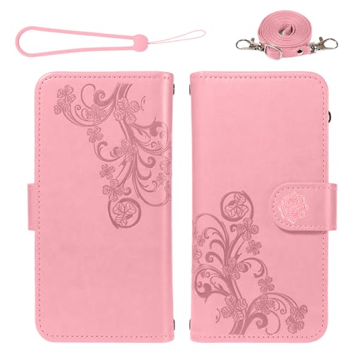 Coque iPhone 17 antichoc rose avec rabat porte-carte et dragonne