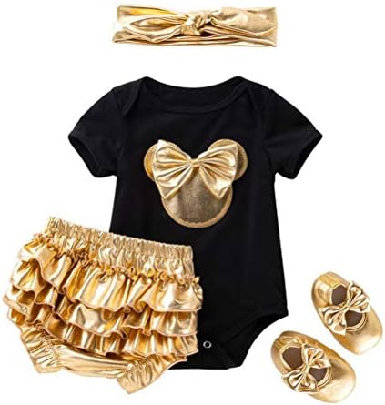 Amberetech Infant Girls 4pcs Mini Mouse Gold Shorts Set Cotton Romper+Bloomers+Shoes+Headband Outfit (Black-Short, 12-24 Months)