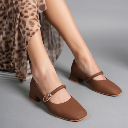 Image of DROP BOLD Khaki Square Toe Mary Jane Block Heel Show For Women & Girls