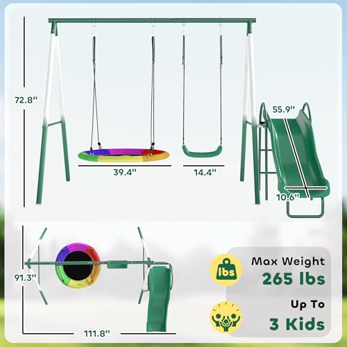 Qaba Swing Set for Backyard with Adjustable Seat and Saucer Swing, 5' Slide, Heavy Duty A-Frame Metal Stand Outdoor Playground Playset for Kids, 112" x 91" x 73"